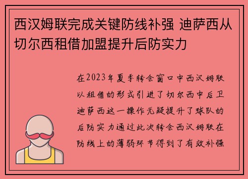 西汉姆联完成关键防线补强 迪萨西从切尔西租借加盟提升后防实力 西汉姆联完成关键防线补强 迪萨西从切尔西租借加盟提升后防实力